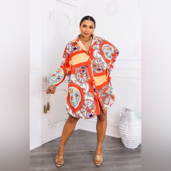 Tops - Vibrant Orange and Blue Patterned Shirt Dress